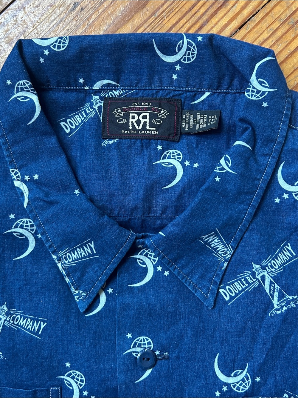NWT Double RL Indigo Short-Sleeve Printed Button-Down Camp Shirt - Picture 4 of 8